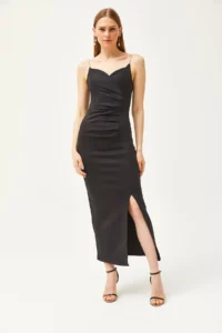 Olalook Women's Black Stone Strap Drape Detailed Back Zipper Scuba Dress - Image 2