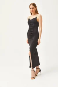 Olalook Women's Black Stone Strap Drape Detailed Back Zipper Scuba Dress - Image 3