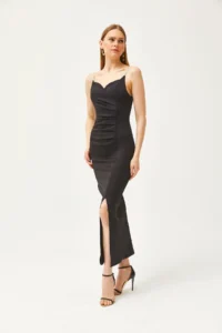 Olalook Women's Black Stone Strap Drape Detailed Back Zipper Scuba Dress - Image 4