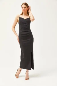 Olalook Women's Black Stone Strap Drape Detailed Back Zipper Scuba Dress - Image 8