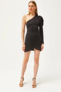 Olalook Women's Black One-Shoulder Skirt Wrap Mini Scuba Dress