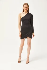 Olalook Women's Black One-Shoulder Skirt Wrap Mini Scuba Dress - Image 2