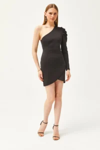 Olalook Women's Black One-Shoulder Skirt Wrap Mini Scuba Dress - Image 3