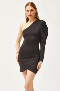 Olalook Women's Black One-Shoulder Skirt Wrap Mini Scuba Dress - Image 5