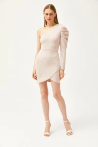 Olalook Women's Stone One Shoulder Skirt Wrap Mini Scuba Dress - Image 3