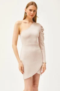 Olalook Women's Stone One Shoulder Skirt Wrap Mini Scuba Dress - Image 4