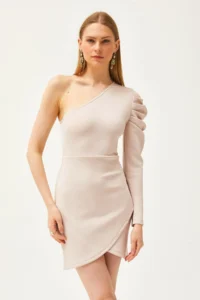 Olalook Women's Stone One Shoulder Skirt Wrap Mini Scuba Dress - Image 6