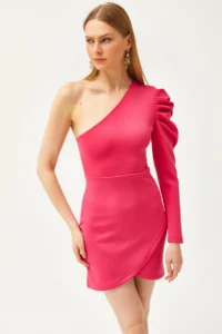 Olalook Women's Fuchsia One-Shoulder Skirt Wrap Mini Scuba Dress - Image 3