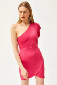 Olalook Women's Fuchsia One-Shoulder Skirt Wrap Mini Scuba Dress - Image 5