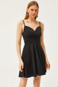 Olalook Women's Black Strap Double Breasted Collar Flared Dress - Image 2