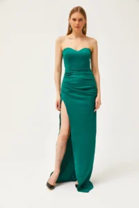 Olalook Women's Emerald Green Deep Slit Strapless Long Dress - Image 2