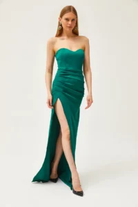Olalook Women's Emerald Green Deep Slit Strapless Long Dress - Image 3