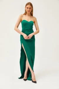Olalook Women's Emerald Green Deep Slit Strapless Long Dress - Image 4