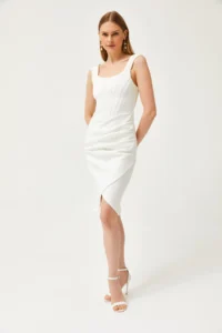 Olalook Women's Ecru Skirt Wrap Bodice Detailed Diver Mini Dress - Image 2
