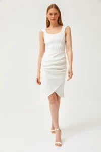 Olalook Women's Ecru Skirt Wrap Bodice Detailed Diver Mini Dress - Image 3