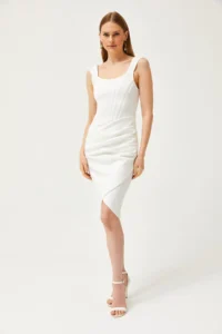 Olalook Women's Ecru Skirt Wrap Bodice Detailed Diver Mini Dress - Image 5