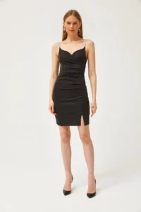 Olalook Women's Black Stone Strap Slit Mini Diving Dress - Image 2