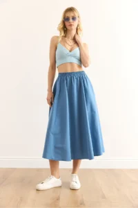 Olalook Women's Indigo Pocketed Elastic Waist Midi Woven Bell Skirt - Image 5