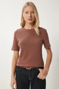 Happiness İstanbul Women's Brown Cotton Basic Knitted T-Shirt - Image 2