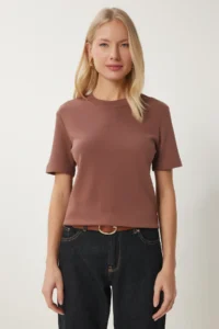 Happiness İstanbul Women's Brown Cotton Basic Knitted T-Shirt - Image 3