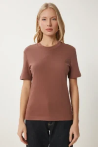 Happiness İstanbul Women's Brown Cotton Basic Knitted T-Shirt - Image 4