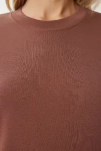 Happiness İstanbul Women's Brown Cotton Basic Knitted T-Shirt - Image 5