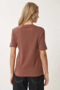 Happiness İstanbul Women's Brown Cotton Basic Knitted T-Shirt - Image 6
