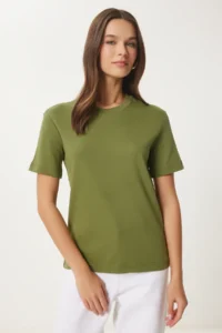 Happiness İstanbul Women Green Cotton Basic Knitting T-Shirt