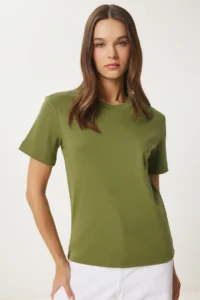 Happiness İstanbul Women Green Cotton Basic Knitting T-Shirt - Image 2
