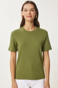 Happiness İstanbul Women Green Cotton Basic Knitting T-Shirt - Image 3