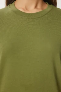 Happiness İstanbul Women Green Cotton Basic Knitting T-Shirt - Image 4