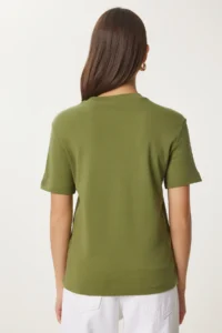 Happiness İstanbul Women Green Cotton Basic Knitting T-Shirt - Image 5