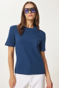 Happiness İstanbul Women's Cobalt Blue Cotton Basic Knitted T-Shirt