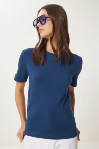 Happiness İstanbul Women's Cobalt Blue Cotton Basic Knitted T-Shirt - Image 2