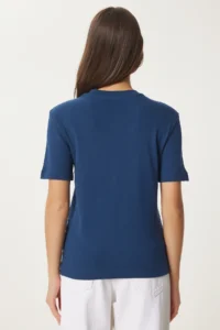 Happiness İstanbul Women's Cobalt Blue Cotton Basic Knitted T-Shirt - Image 4