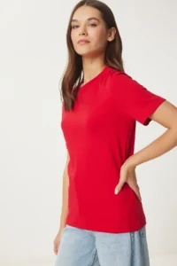 Happiness İstanbul Women Rejection Cotton Basic Knitting T-Shirt - Image 2