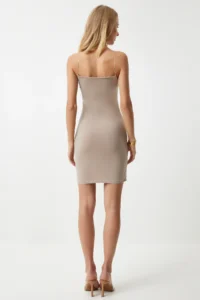 Happiness İstanbul Women Dark Beige Yarn Sleeveless Jersey Mini Dress - Image 4