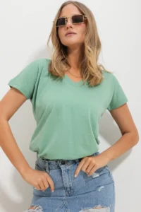 Trend Alaçatı Stili Women Sage Green V-neck Basic T-Shirt - Image 2
