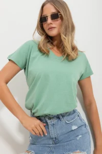 Trend Alaçatı Stili Women Sage Green V-neck Basic T-Shirt - Image 3