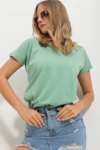 Trend Alaçatı Stili Women Sage Green V-neck Basic T-Shirt - Image 4