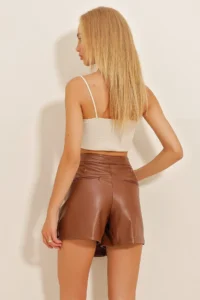 Trend Alaçatı Stili Women's Tan Pleated Detailed Zippered Faux Leather Mini Shorts Skirt Alc-X10772 - Image 5