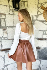 Trend Alaçatı Stili Women's Coffee Elastic Waist Faux Leather Flared Mini Skirt Alc-X10992 - Image 4