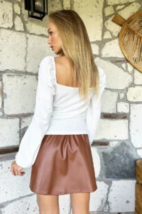 Trend Alaçatı Stili Women's Coffee Elastic Waist Faux Leather Flared Mini Skirt Alc-X10992 - Image 6