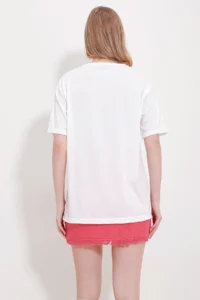 Trend Alaçatı Stili Women's Pink Crew Neck Printed Oversize Cotton T-Shirt - Image 5