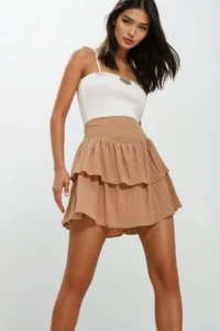 Trend Alaçatı Stili Women's Beige Layered Flounce Hidden Zipper Inside Lined Cotton Linen Skirt