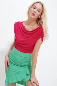Trend Alaçatı Stili Women's Green Elastic Waist Skirt Flounced Crinkle Skirt - Image 3