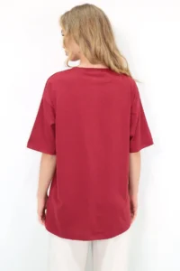 Trend Alaçatı Stili Women's Burgundy Crew Neck Oversize Pearl and Stone Embroidered T-Shirt Alc-X11964 - Image 5