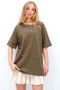 Trend Alaçatı Stili Women's Khaki Crew Neck Oversize Pearl and Stone Embroidered T-Shirt Alc-X11964 - Image 2