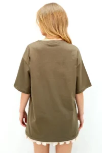Trend Alaçatı Stili Women's Khaki Crew Neck Oversize Pearl and Stone Embroidered T-Shirt Alc-X11964 - Image 4