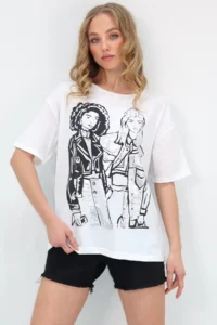 Trend Alaçatı Stili Women's White Crew Neck Front Foil Printed T-Shirt - Image 2